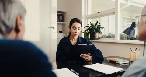 Advisor, talking and old couple at house with clipboard, finance report and Stock Footage 342094544