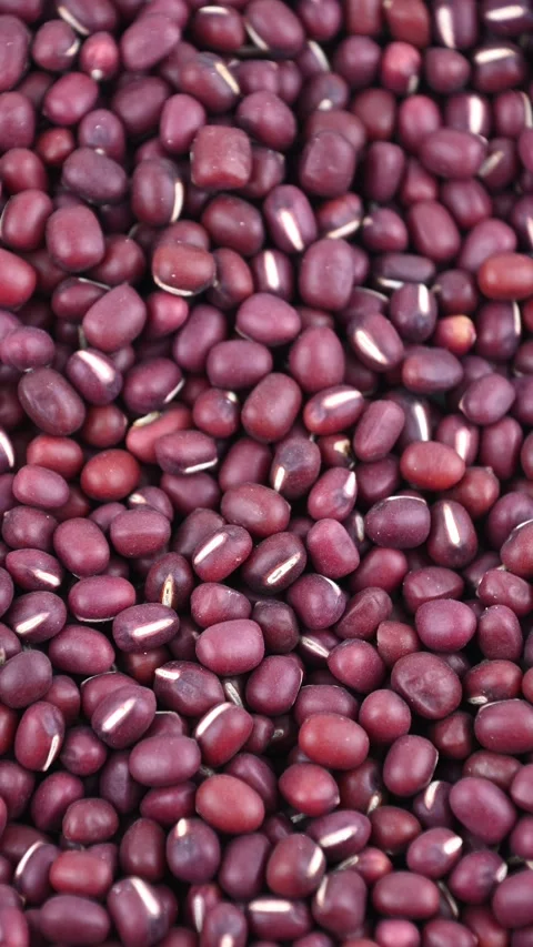Adzuki beans pouring and settling in shallow wooden bowl close up Stock Footage 331591720