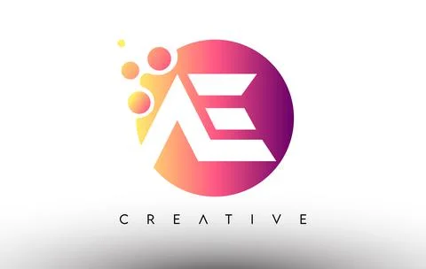 AE Dots Bubbles Letters in a Circle. AE Letter Design Logo with Purple Orange Stock Illustration