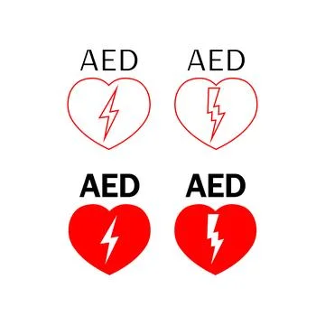 AED icon set. Red heart with sign electricity symbol. Sign automated extern.. Stock Illustration