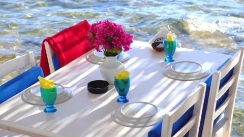 Aegean fish restaurant, table and chairs, Bodrum, Turkey. Stock Footage 144435954