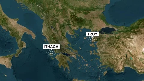 Aegean map animation showing Ithaca and Troy locations video footage Stock Footage 343385190