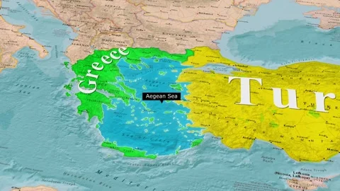 Aegean Sea Map Between Greece And Turkey Countries Animation Stock Footage 344744699