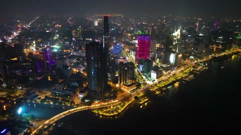 Aeiral view of Ho chi minh city or Saigon city at night in Vietnam Stock Footage 321181376