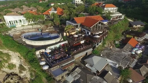 Aeiral View of the Ocean Coast, Steep Cliffs and Cafe Stock Footage