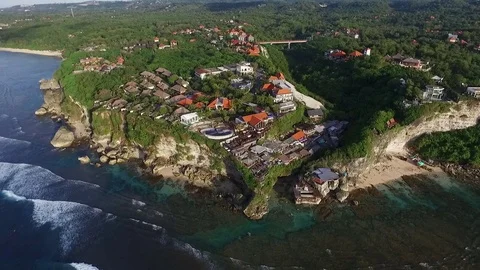 Aeiral View of the Ocean Coast, Steep Cliffs and Cafe Stock Footage
