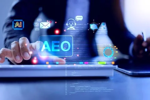 AEO answer engine optimization concept with businessman working on computer t Fotos de archivo