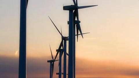 Aeolian generators field suring the sunrise. Stock Footage 106947880