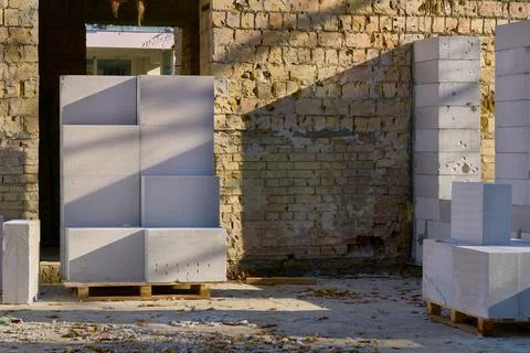 Aerated concrete brick blocks on construction site 写真素材