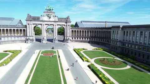 Aerial 180 Degree Panoramic Pan Triumphal Arch and Museum Cinquantenaire Stock Footage 338433397