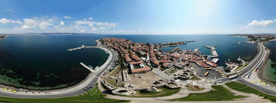 Aerial 360 Degree full sphere Panoramic photo view of the beach front on the  Stock Photos