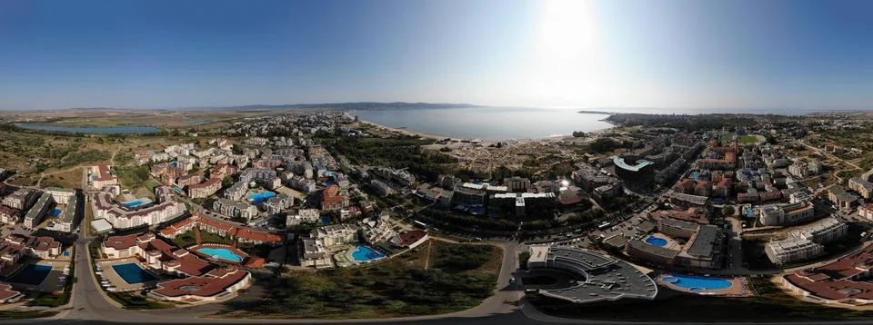 Aerial 360 Degree full sphere Panoramic photo view of the beach front on the  Stock Photos