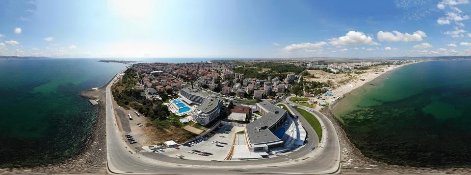 Aerial 360 Degree full sphere Panoramic photo view of the beach front on the  Stock Photos