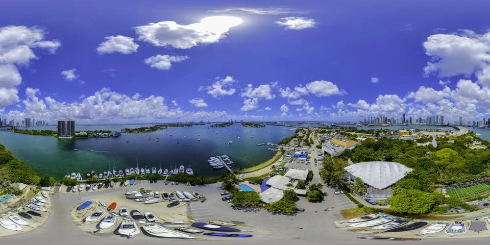 Aerial 360 equirectangular image Watson Island Miami filled with boats on t.. Stock-Fotos