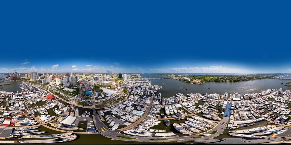 Aerial 360 equirectangular panorama Palm Beach International Boat Show 2024 Stock-Fotos