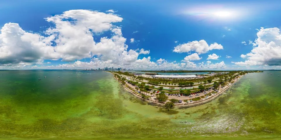 Aerial 360 equirectangular photo Miami Key Biscayne Beach summer vacation h.. Stock Photos