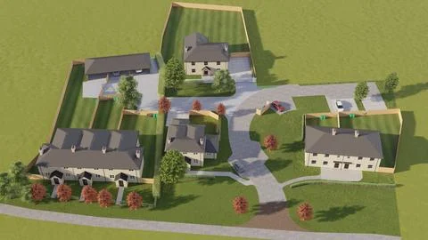 Aerial 3D Architectural Rendering of a Modern Residential Housing Development Ilustración de archivo