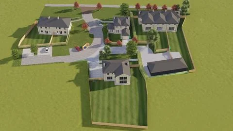 Aerial 3D Architectural Rendering of Suburban Housing Development Stock Illustration