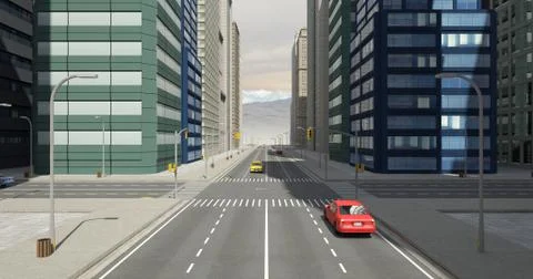 Aerial 3D City Flight Render Over The Road Ilustração Stock