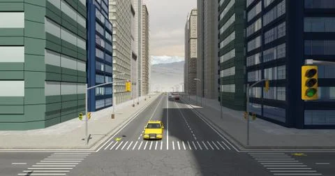 Aerial 3D City Flight Render Over The Road Stock Illustration