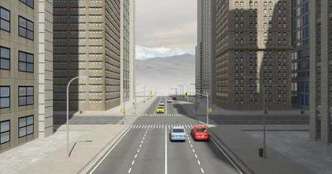 Aerial 3D City Flight Render Over The Road Stock Illustration