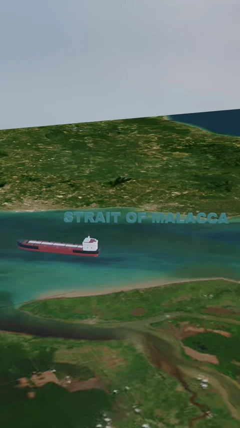 Aerial 3D Map View of Cargo Ships Navigating the Strait of Malacca 9.16 Vert Stock Footage 331807465