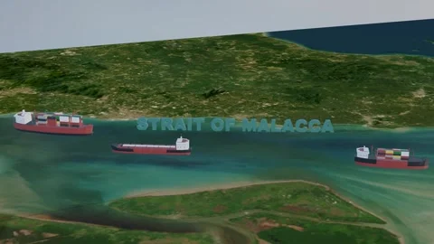 Aerial 3D Map View of Cargo Ships Navigating the Strait of Malacca Stock Footage 331807470