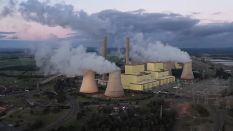Aerial 4K, Cloudy Sunset Over Loy Yang A Coal Power Station, La Trobe Valley Stock Footage 172472536