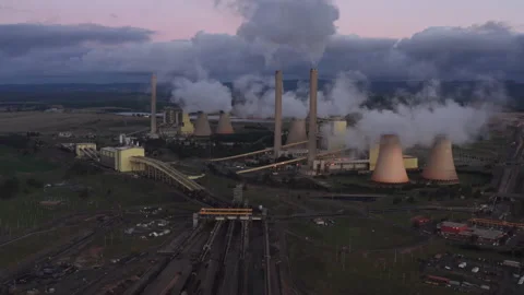 Aerial 4K, Cloudy Sunset Over Loy Yang A Coal Power Station, La Trobe Valley Stock Footage 172481246