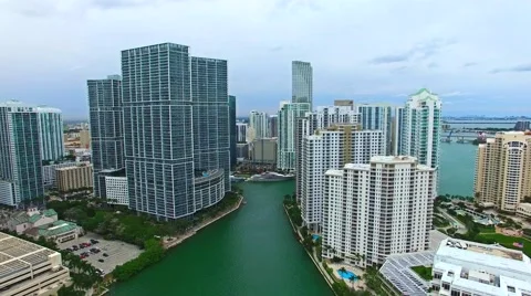 Aerial 4K Downtown Miami, Brickell, and Brickell Key in Miami, Florida Stock Footage 59123800