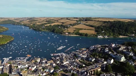 Aerial 4K Drone Backward Flight Revealing Salcombe Town in South Devon England i Stock Footage 345442985