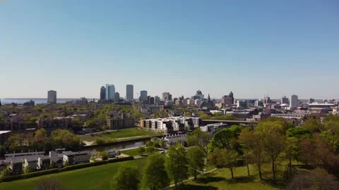 Aerial 4k drone footage of downtown Milwaukee during a sunny summer day Stock Footage
