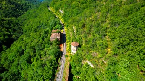 Aerial 4k flight drone view orit Abandoned rail Station Appenino Tuscany Italy Stock Footage 197562437