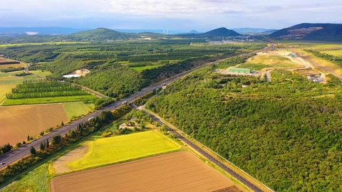 AERIAL 4K: Flight over Lavender Field. Sunset or sunrise aerial landscape of Stock Footage 128766035