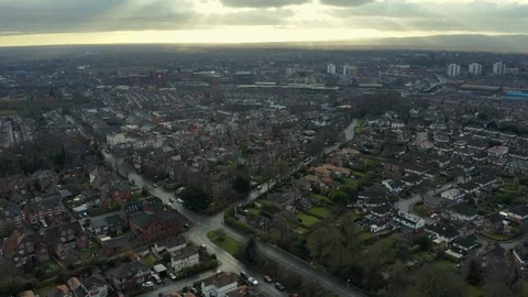 Aerial 4K footage of Chester, Cheshire UK during December with dramatic clouds Stock Footage 121980599