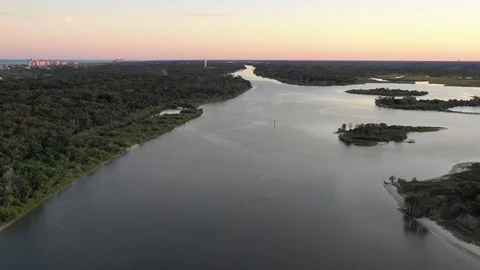 Aerial 4k Footage of Ormond Beach during sunset Stock Footage 120590217