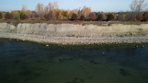 Aerial 4k low angle video of the waterfront and trail in Ajax Ontario Stock Footage 220243299