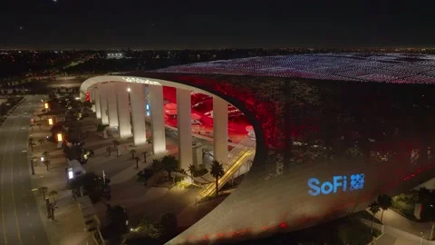 Aerial 4K night footage of empty SoFi Stadium in Inglewood in Los Angeles, Stock Footage 233003180