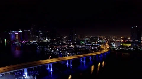 Aerial 4K night Miami downtown Port of Miami brdige bay in Miami Beach, Florida Stock Footage