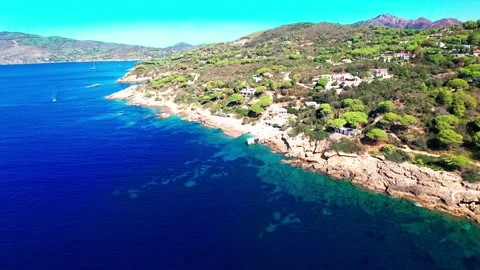 Aerial 4K orbit pan view Elba Island Italy drone beach Stecchi Tuscany  Stock Footage 213202810
