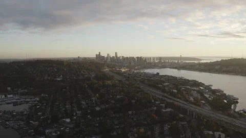 Aerial 4K Pan across Interstate 5 and Seattle Stock Footage 208869220