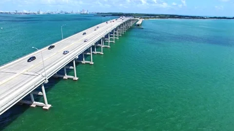 Aerial 4K Rickenbacker Causeway bridge Biscayne bay in Key Biscayne, Florida Stock Footage 56217543