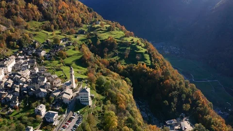 Aerial 4K - Soglio - Bregaglia Valley - Switzerland - Autumnal panoramic view Stock Footage