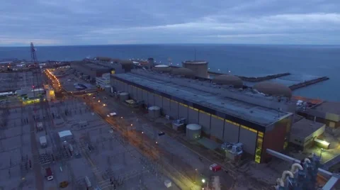 Aerial 4K UHD - Nuclear generating station at dawn in Pickering, Canada Stock Footage 57925484