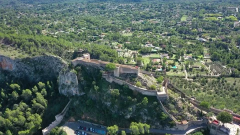 Aerial 4K video from drone to ancient famous castle of Xativa Stock Footage 166065849