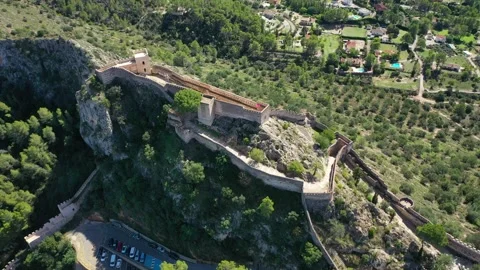 Aerial 4K video from drone to ancient famous castle of Xativa Stock Footage 166065948