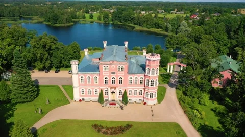 Aerial 4K video from drone to Birini Castle. Limbazi, Latvia Stock Footage 298095239