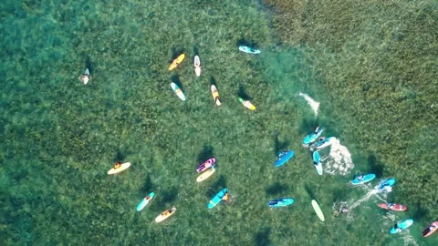 Aerial 4K video from drone to de surfers in the ocean beachs Stock Footage 265202199