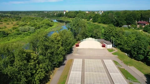 Aerial 4K video from drone to of Krustpils city stage.Jekabpils,Latvija Stock Footage 266792574