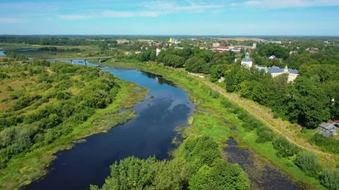 Aerial 4K video from drone to of Krustpils city stage.Jekabpils,Latvija Stock Footage 266792594